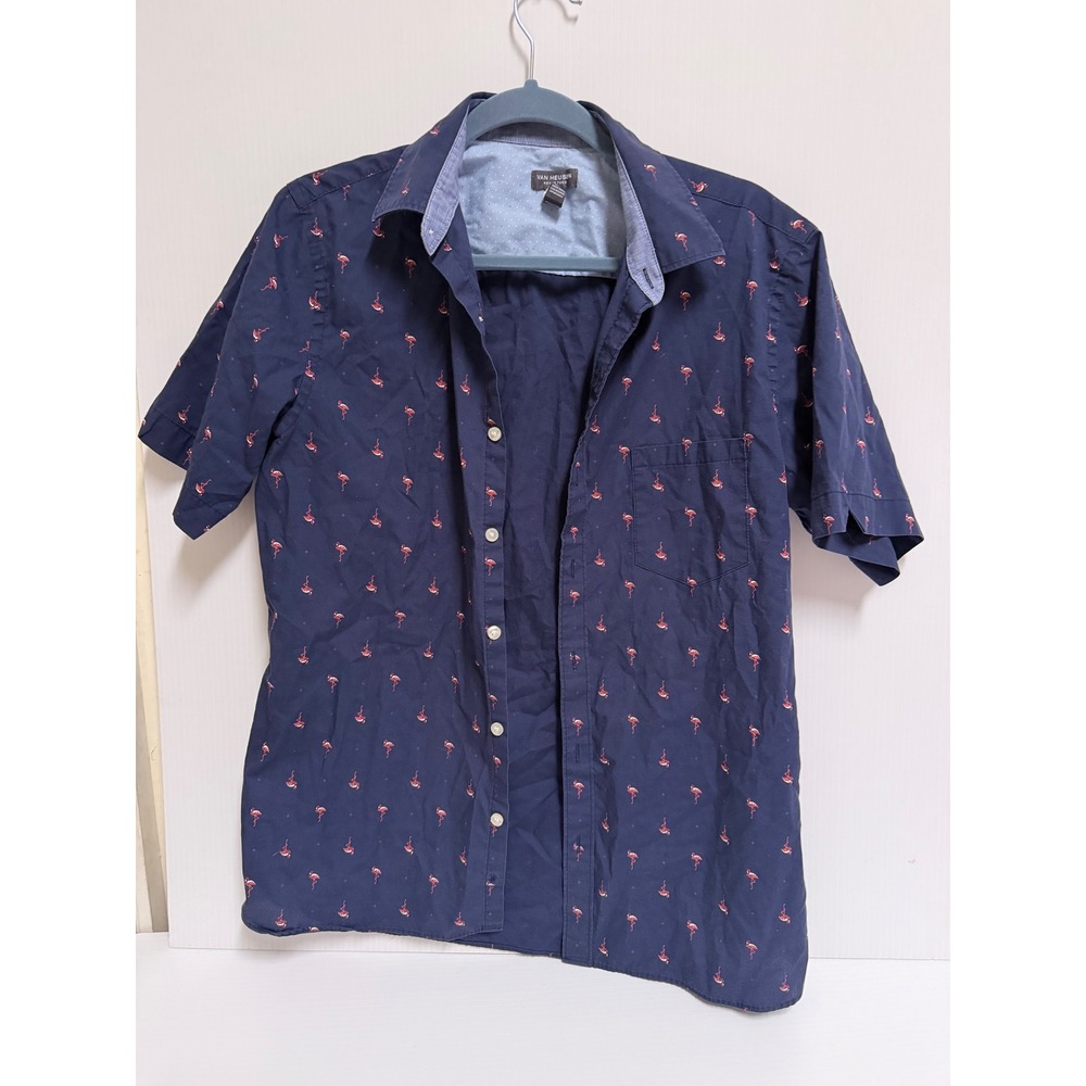 Van Heusen Never Tuck Mens Medium Navy Blue Pink Flamingo Short Sleeve Shirt